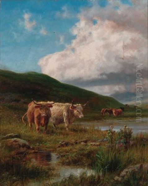 Cattle Watering In A Highland Landscape Oil Painting by Robert Gallon