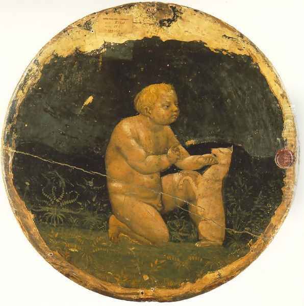 Putto and a Small Dog (back side of the Berlin Tondo) 1427-28 Oil Painting by Masaccio (Tommaso di Giovanni)