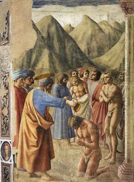 The Baptism of the Neophytes 1426-27 Oil Painting by Masaccio (Tommaso di Giovanni)