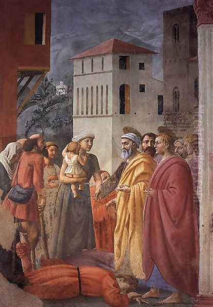 The Distribution of Alms and the Death of Ananias 1426-27 Oil Painting by Masaccio (Tommaso di Giovanni)