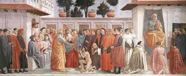 Raising of the Son of Theophilus and St Peter Enthroned 1426-27 Oil Painting by Masaccio (Tommaso di Giovanni)