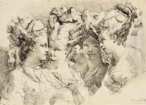 The Heads Of Five Young Women With Elaborate Coiffures Oil Painting by Gaetano Gandolfi