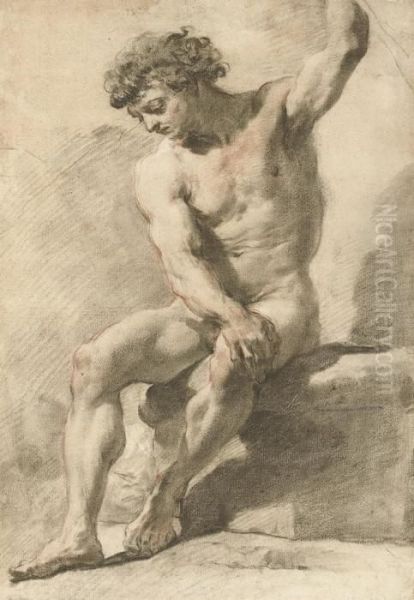 A Seated Academic Male Nude, His Left Arm Raised Oil Painting by Gaetano Gandolfi