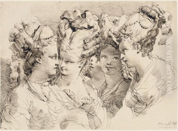 The Heads Of Five Young Women With Elaborate Coiffures Oil Painting by Gaetano Gandolfi