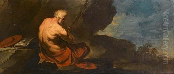 Saint Jerome Holding A Crucifix 
In The Wilderness; And The Magdalene Reading In A Landscape Oil Painting by Gaetano Gandolfi