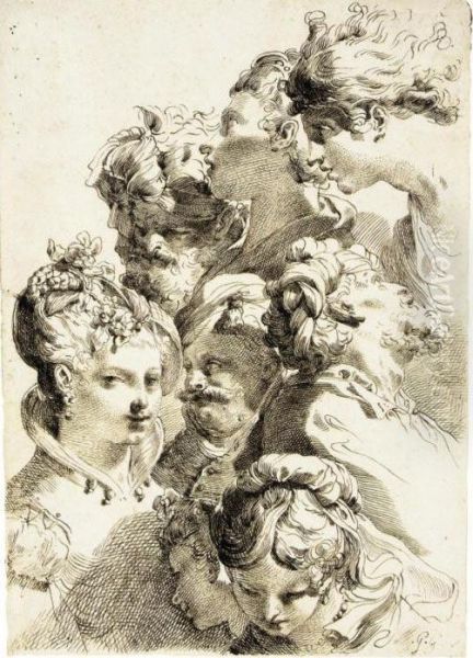 Sheet Of Studies Of Heads With Elaborate Hair Styles Oil Painting by Gaetano Gandolfi