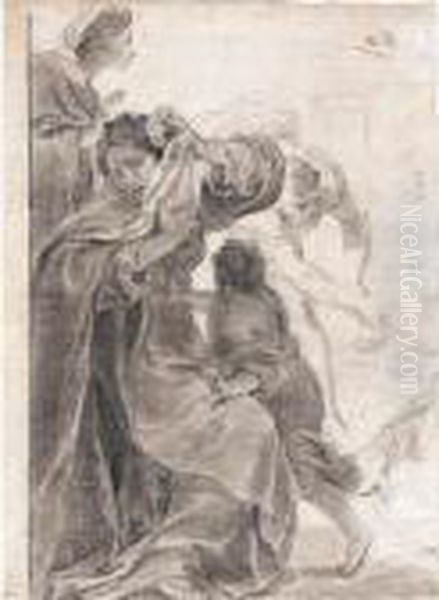 A Woman And A Child Turning Away
 From An Executioner, With Another Standing Female Figure Oil Painting by Gaetano Gandolfi