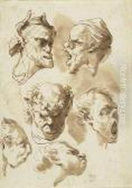 Sheet Of Studies With Six Grotesque Heads Oil Painting by Gaetano Gandolfi