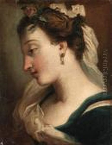 A Girl, Bust-length, In Profile, With A Rose In Her Hair Oil Painting by Gaetano Gandolfi