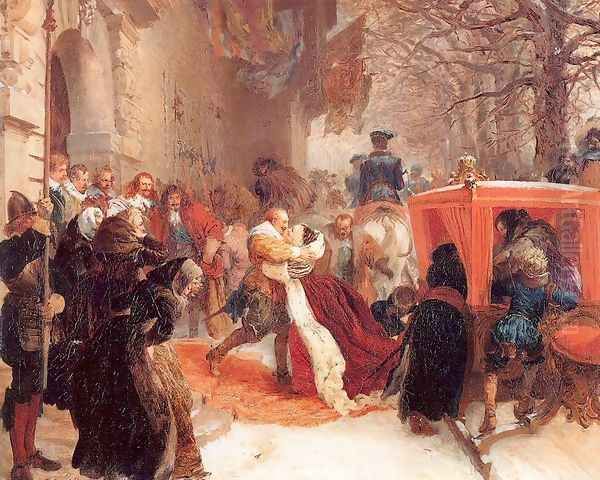 Gustav Adolph Greets his Wife outside Hanau Castle in January 1632, 1847 Oil Painting by Adolph von Menzel