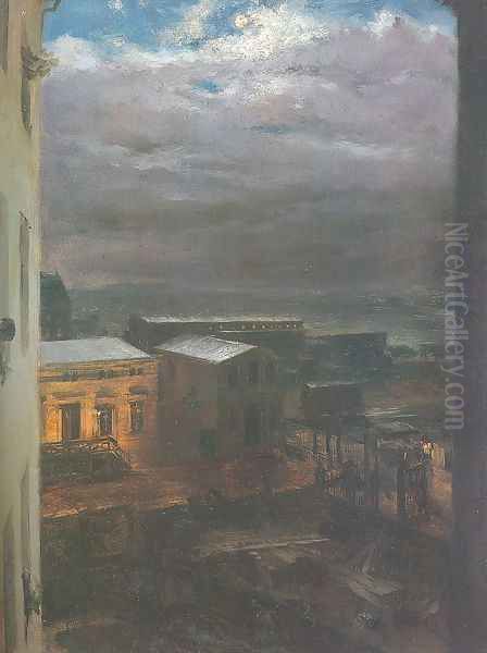 The Anhalter Railway Station by Moonlight 1846 Oil Painting by Adolph von Menzel