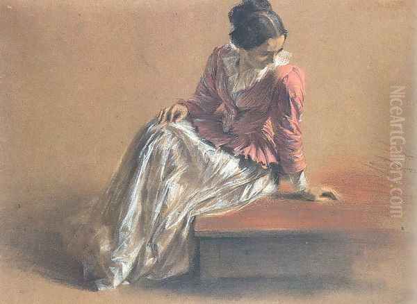 Costume Study of a Seated Woman- The Artist's Sister Emilie Oil Painting by Adolph von Menzel