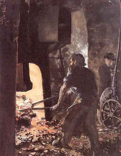 Self-Portrait with Worker near the Steam-hammer 1872 Oil Painting by Adolph von Menzel