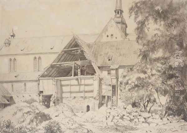 Church and Farmhouse (Kirche und Bauernhof) Oil Painting by Adolph von Menzel