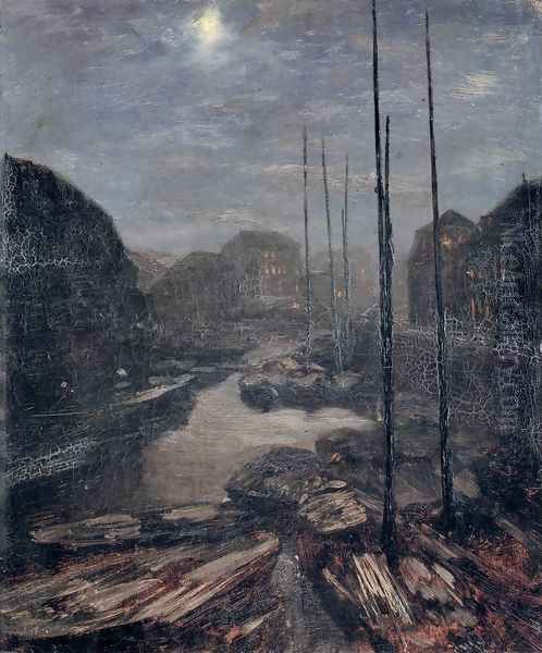 Moonlight on the Friedrichskanal in Old Berlin c. 1856 Oil Painting by Adolph von Menzel