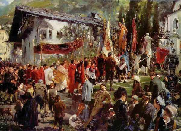 Corpus Christi procession in Hofgastein Oil Painting by Adolph von Menzel