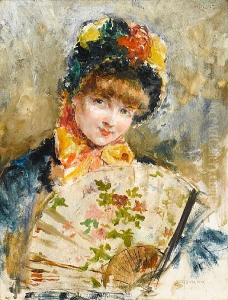 Young Girl With A Fan Oil Painting by Eduardo Leon Garrido