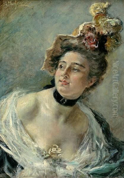 An Elegant Young Beauty Oil Painting by Eduardo Leon Garrido