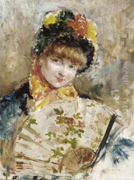 A Lady Holding A Floral Fan Oil Painting by Eduardo Leon Garrido