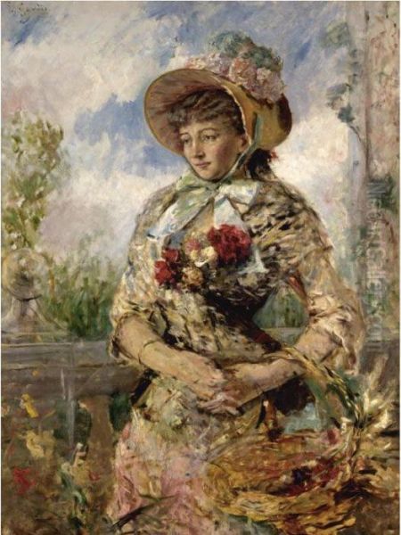 Joven Con Cesta De Flores (an Elegant Lady With A Basket Of Flowers) Oil Painting by Eduardo Leon Garrido