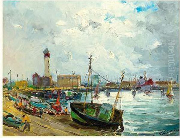 Barques Echouees Oil Painting by Eduardo Leon Garrido