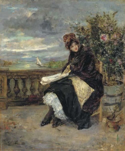 A Young Beauty On A Terrace Oil Painting by Eduardo Leon Garrido