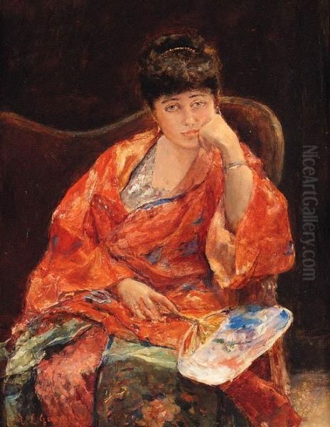 A Seated Lady Holding A Fan Oil Painting by Eduardo Leon Garrido