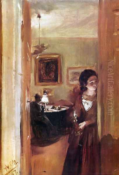 Lilving room with the artist's sister Oil Painting by Adolph von Menzel