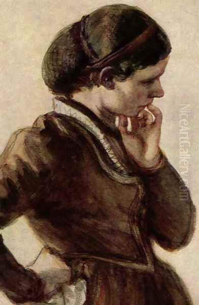 Emilie Menzel standing at the piano (detail) Oil Painting by Adolph von Menzel