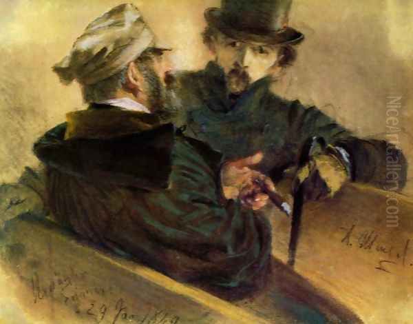 Two discussing voters Oil Painting by Adolph von Menzel