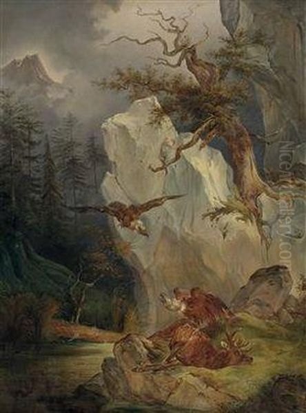 Zwei Geier Beim Verendenden Hirsch Oil Painting by Friedrich Gauermann