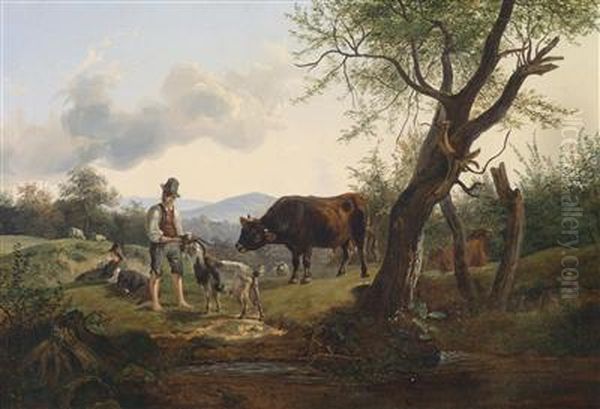 A Goatherd Giving Something To A Goat Oil Painting by Friedrich Gauermann