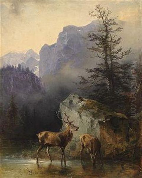 Red Deer At The Watering Place Oil Painting by Friedrich Gauermann