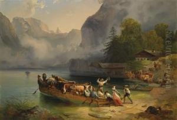 School Embarkment At The Konigssee Oil Painting by Friedrich Gauermann