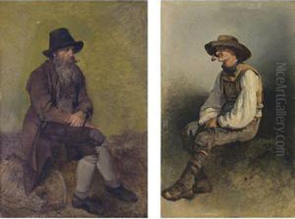 Ein Bartiger Mann Mit 
Tabakspfeife (bearded Man Smoking A Pipe);ein Bauer Mit Tabakspfeife Oil Painting by Friedrich Gauermann