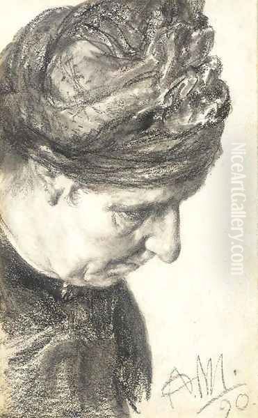 Head of an woman looking down to the right Oil Painting by Adolph von Menzel