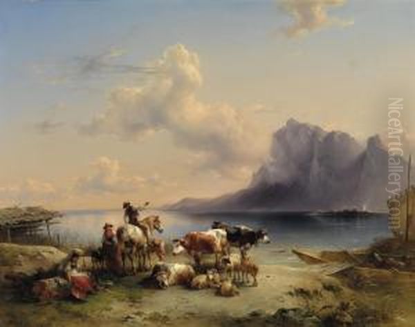 Herders And Cattle On Attersee Oil Painting by Friedrich Gauermann