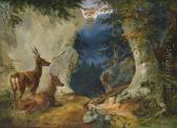 Circle Two Roe Deer In A Mountainlandscape Oil Painting by Friedrich Gauermann