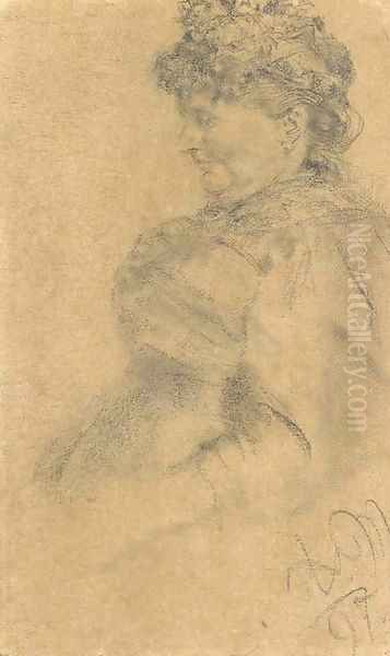 An old woman seated in profile to the left, three-quarter-length, wearing a hat Oil Painting by Adolph von Menzel