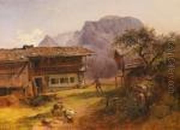 Bauernhaus Seefelden In Berchtesgaden Oil Painting by Friedrich Gauermann