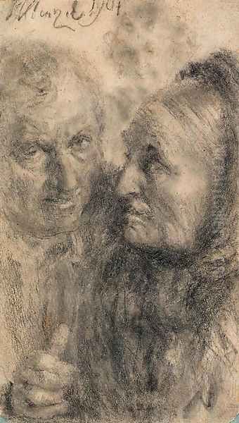 A couple conversing, another figure in the background Oil Painting by Adolph von Menzel