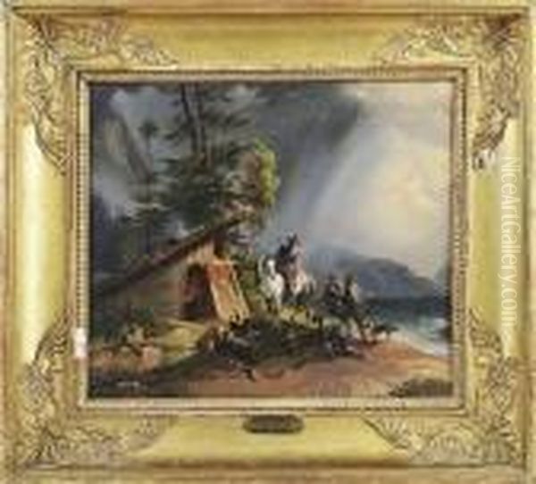 La Curee Devant Une Cabane Aupres D'un Etang Oil Painting by Friedrich Gauermann