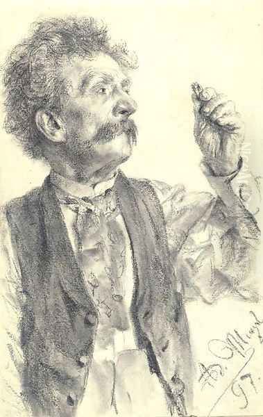 A man holding up a ring, three-quarter-length Oil Painting by Adolph von Menzel