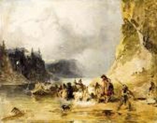 Hajovontatok A Dunan, Linz Folott Oil Painting by Friedrich Gauermann