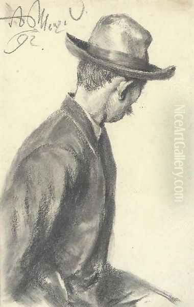 A seated man in a hat, half-length, turning away to the right Oil Painting by Adolph von Menzel