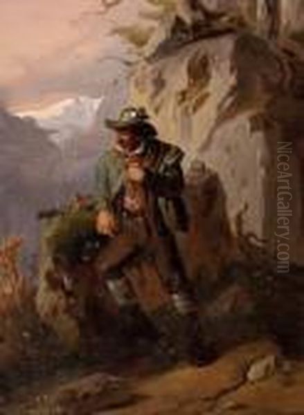 Der Jager Imhochgebirge Oil Painting by Friedrich Gauermann