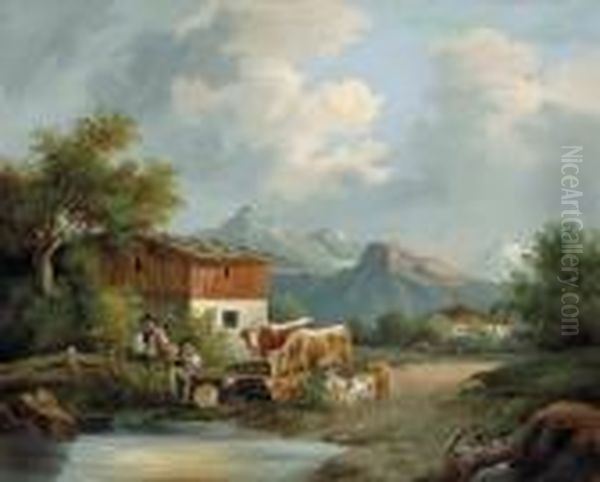 An Der Wassertranke Oil Painting by Friedrich Gauermann