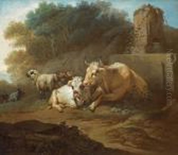 Cows And Sheep Lying Down By A Fountain Oil Painting by Friedrich Gauermann