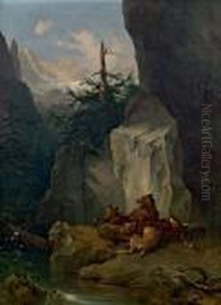 Baren Mit Erlegtem Hirsch Oil Painting by Friedrich Gauermann