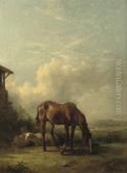 Sheep And A Horse On A Sunny Afternoon Oil Painting by Friedrich Gauermann